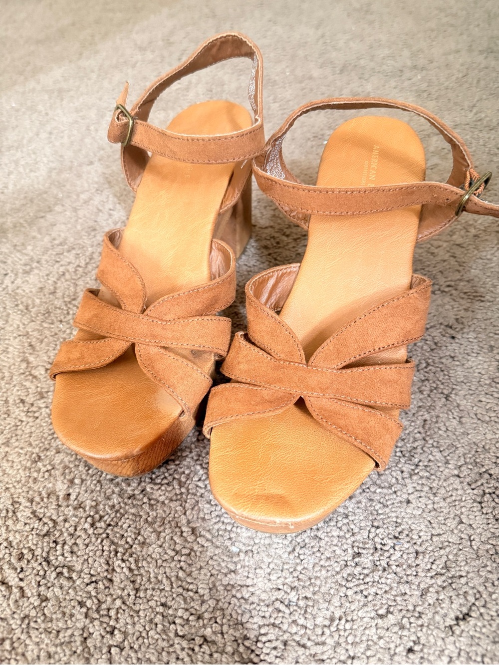 American Eagle Women's Tan Suede Strappy Block Heel Sandals